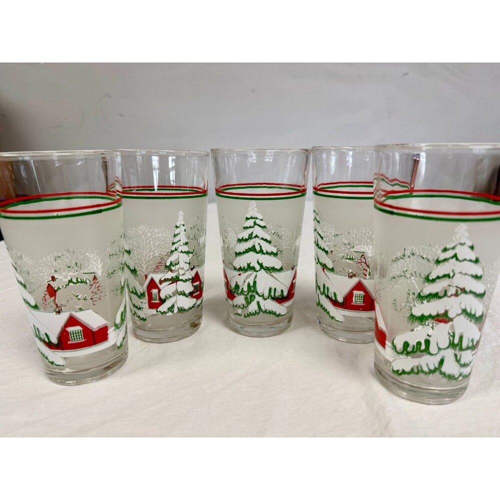 KIG Indomesia Christmas Winter Scene Frosted Glasses set of‎ 5 Vintage 1990's